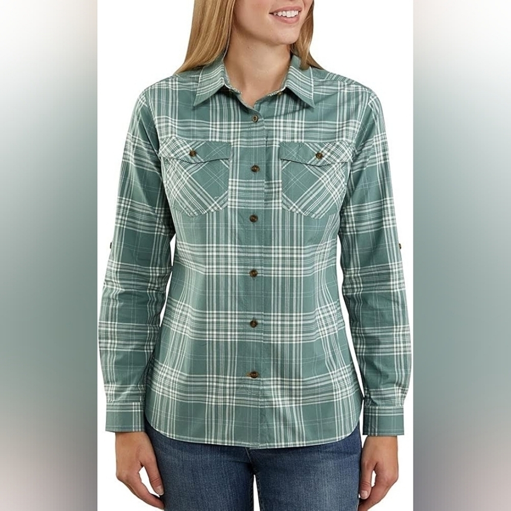 Carhartt Women's Rugged Flex Slightly Fitted Long Sleeve Plaid Shirt Sz XS Green